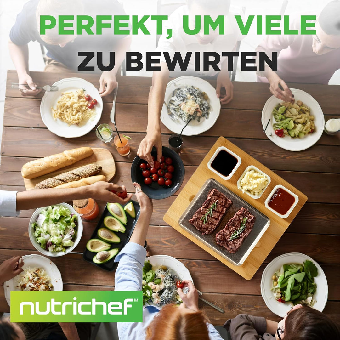 NutriChef Heisser Stein Grillplatte – Tischgrill-Set mit Bambus und Keramik Ideal für Steak und Dinn
