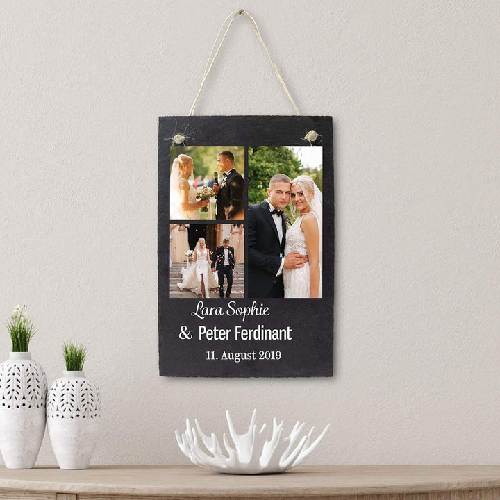 wandmotiv24 Schiefertafel Hochzeit, Aufhängeschild mit Strick, Personalisierbar Digitaldruck 3 Farbf