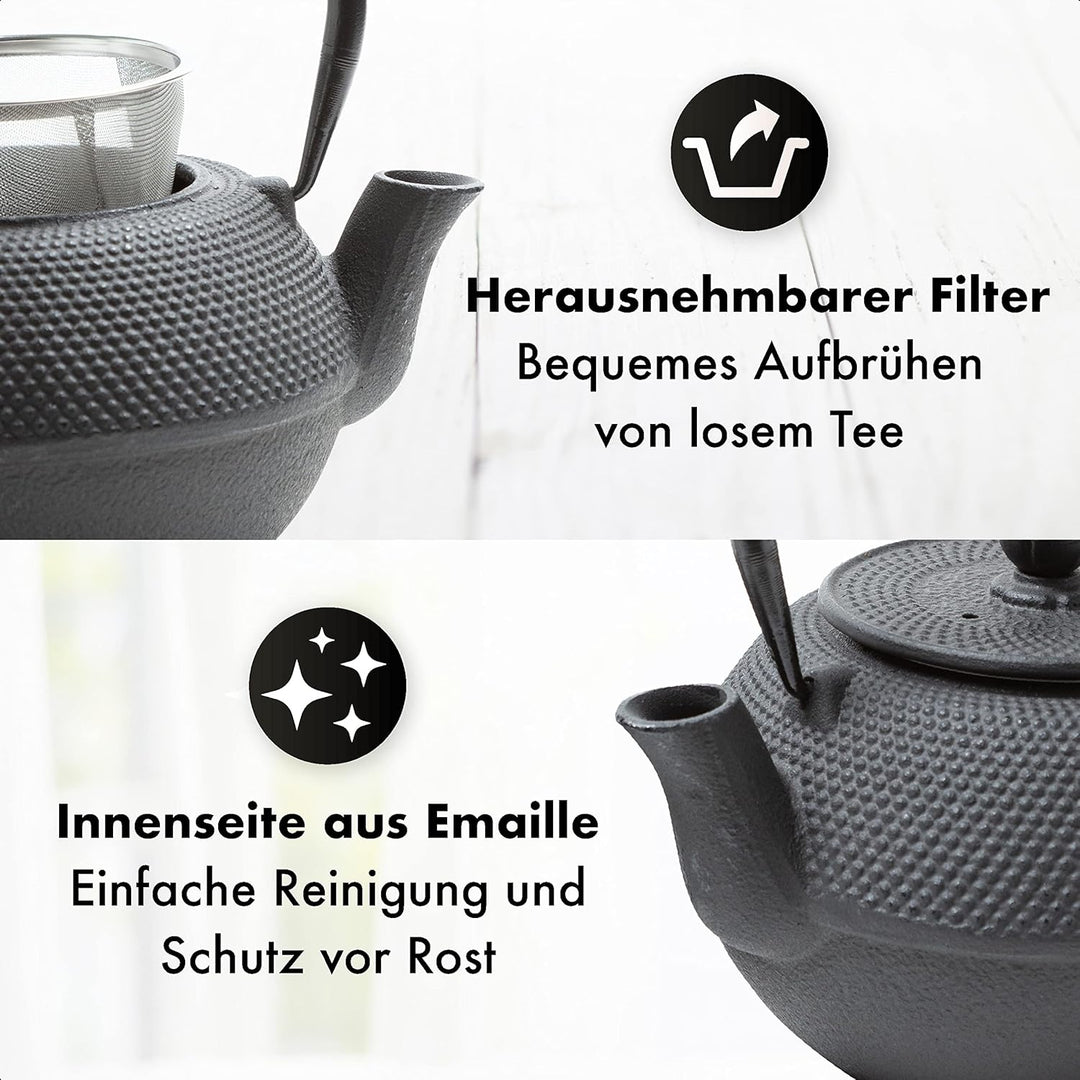 Tealøv TEEKANNE GUSSEISEN SET 1,1 LITER IN GESCHENKBOX | Komplettes Teeservice aus Gusseisen | Gusse