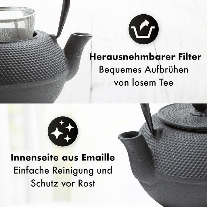 Tealøv TEEKANNE GUSSEISEN SET 1,1 LITER IN GESCHENKBOX | Komplettes Teeservice aus Gusseisen | Gusse