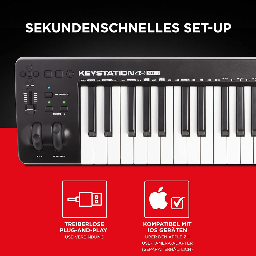 M-Audio Keystation 49MK3 + SP-2 - MIDI Keyboard Controller mit 49 Tasten, zuweisbaren Reglern, Pitch