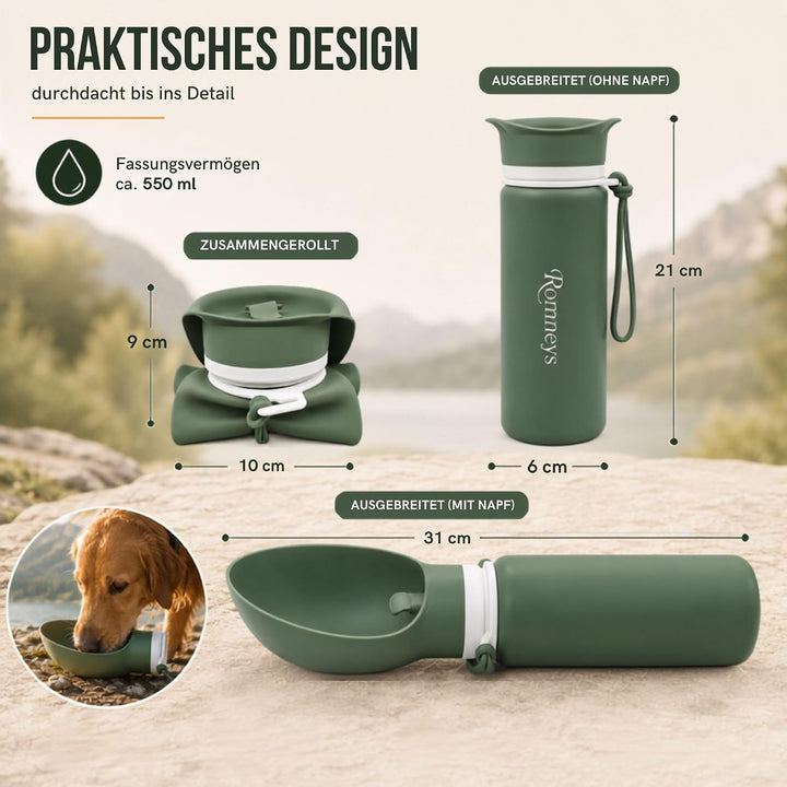 ROMNEYS Hundetrinkflasche mit integriertem Napf – Faltbare Silikon Trinkflasche für Hunde, auslaufsi