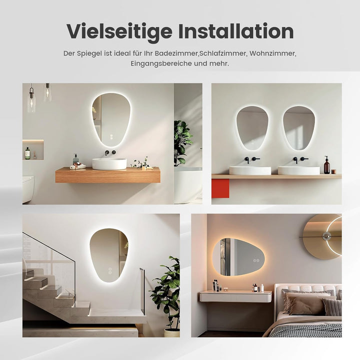 EMKE Badspiegel mit Beleuchtung Asymmetrischer LED Spiegel 70 x 50 cm, Touch-Schalter, Dimmbar 3 Lic