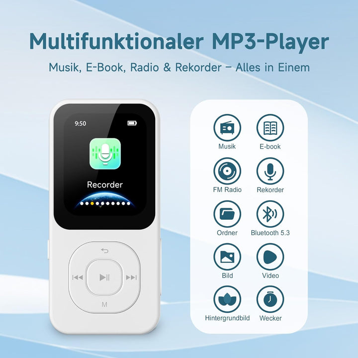 64GB MP3-Player mit Bluetooth 5.3, PECSU HD-Bildschirm Musikplayer mit Lautsprecher, UKW-Radio, Spra
