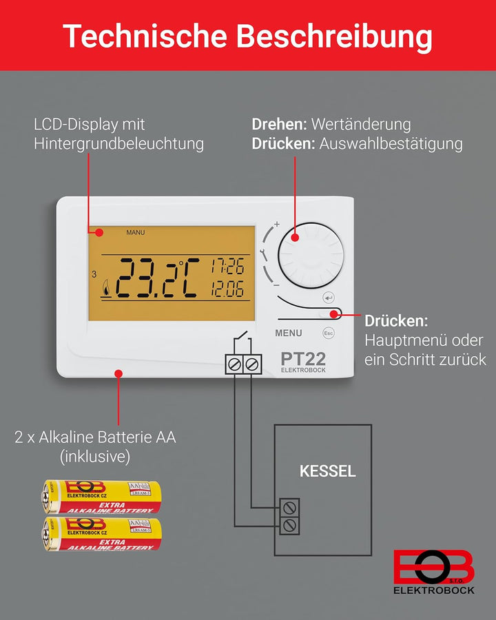 Elektrobock Digitaler Raumthermostat, PT22, 15,5x11x4 cm