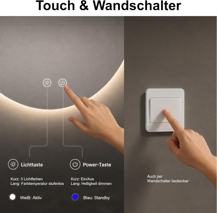 Badspiegel mit Beleuchtung Rund, 60 cm LED Spiegel mit Touch-Schalter, Badezimmer Spiegel mit Beleuc