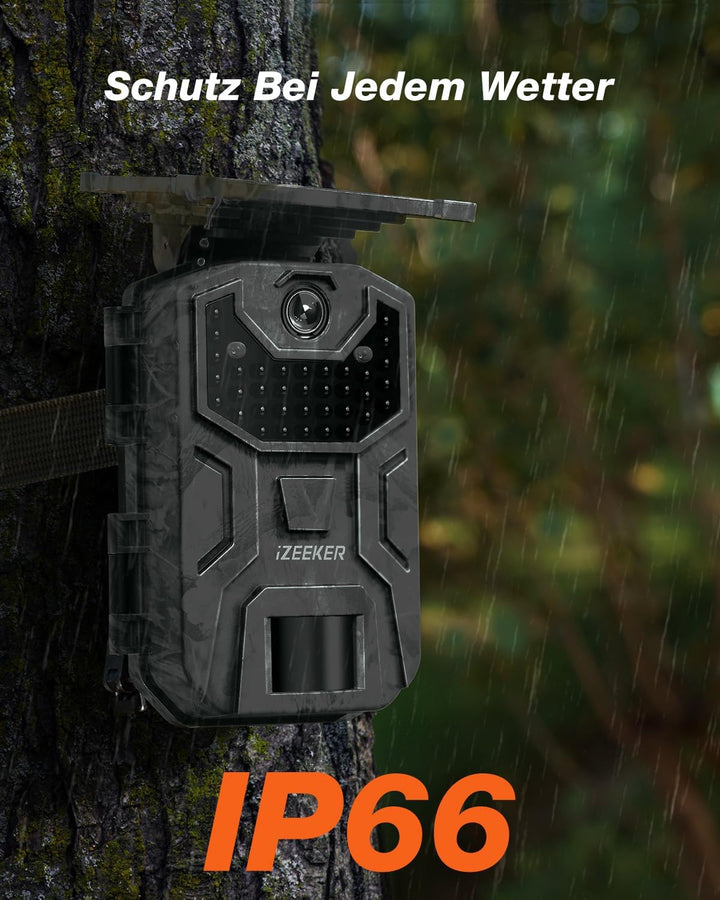iZEEKER Solar Wildkamera, 2,7K/1520P 30fps 36MP Wildtierkamera mit 940 nm No Glow Infrarot LEDs, Wil