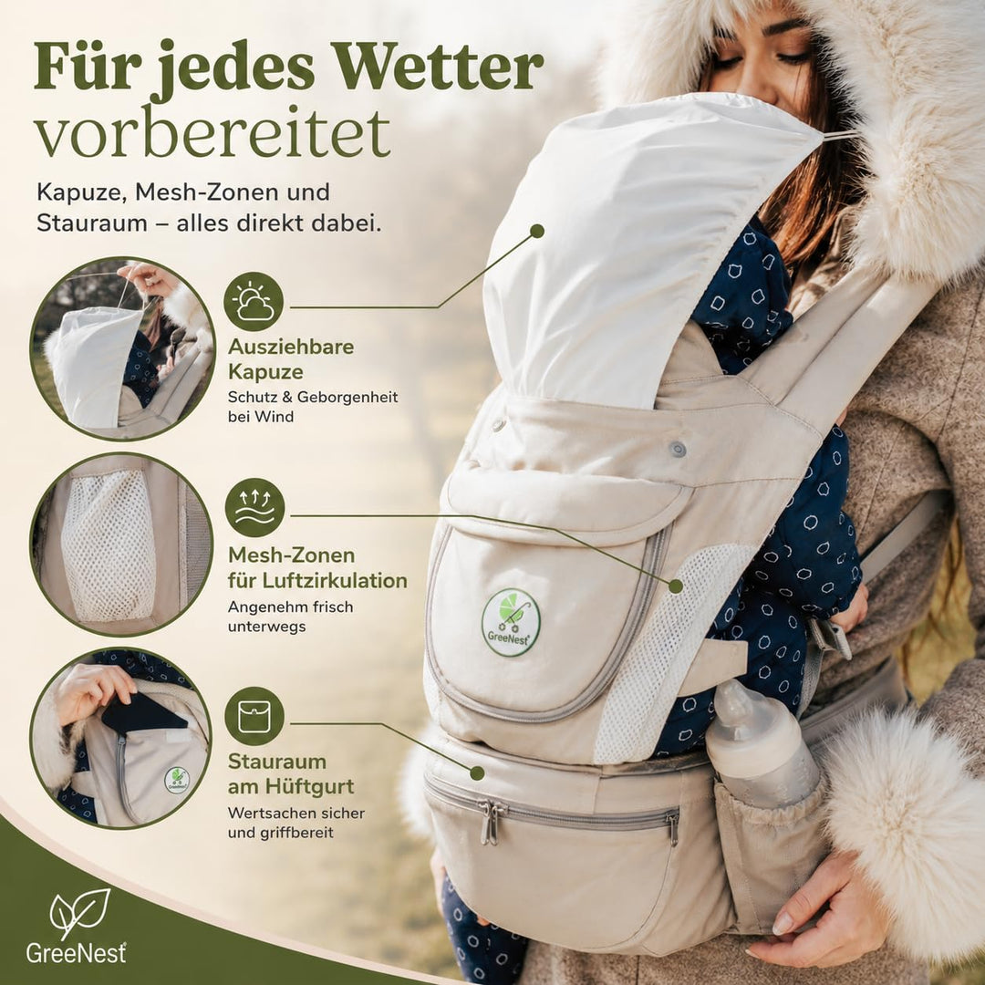 ÖKO Babytrage mit Hüftsitz 3 in 1 aus recycelten Materialien Bauchtrage, Hüfttrage &amp; Rückentrage - a
