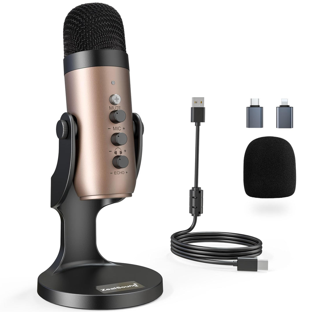 zealsound USB Mikrofon PC, k66 Gold Podcast Mikrofon für PC Handy PS4&5, Kondensator Microphone mit