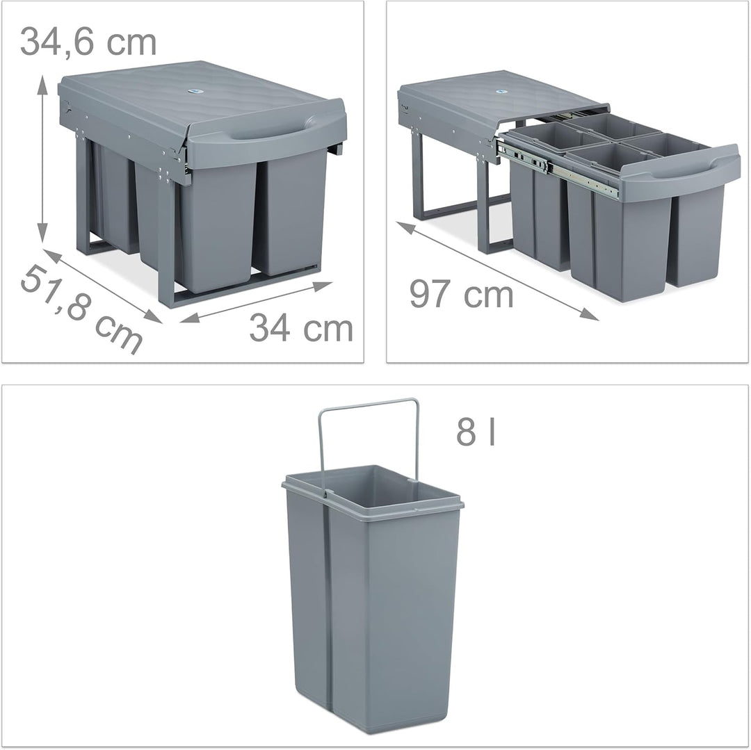 Relaxdays Einbaumülleimer 4-fach, auziehbarer Küchenmülleimer für Unterschrank, 4x 8 Liter, 34,6 x 3