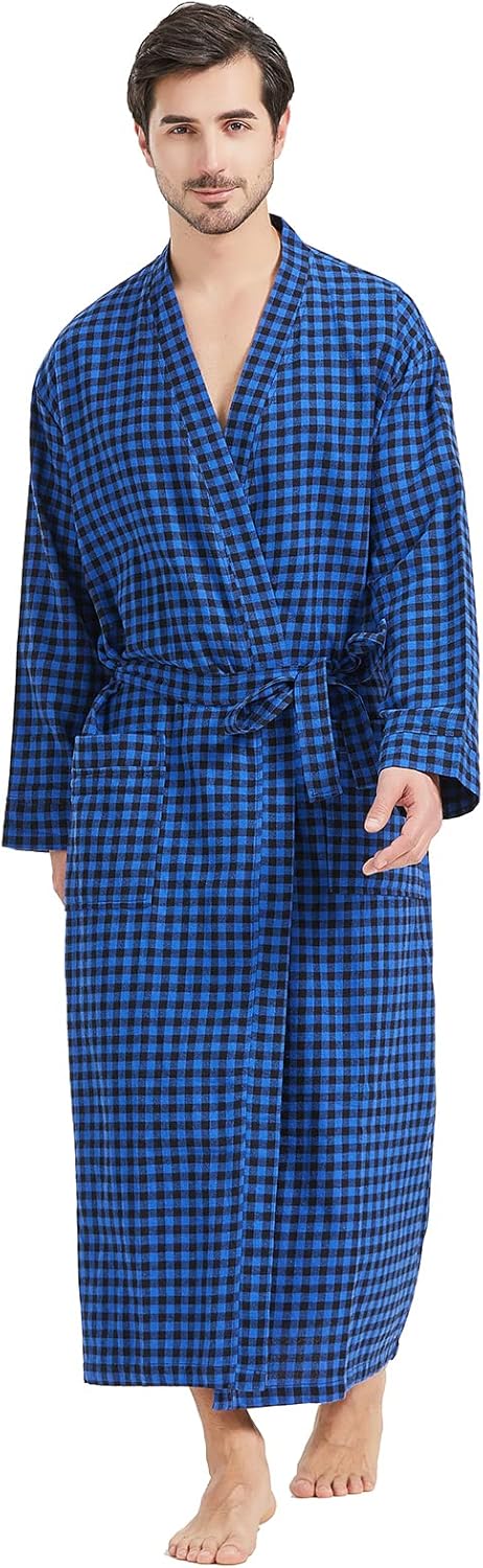FashGudim Herren Buffalo-Karo 100% Baumwollflanell Bademantel mit Schalkragen Leichter, langer Morge