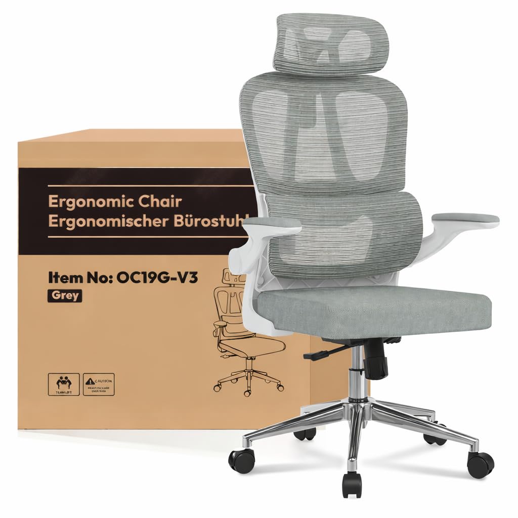 FLEXISPOT Ergonomischer Bürostuhl, Schreibtischstuhl mit 2D-Kopfstütze, Klappbare Armlehnen & Dynami