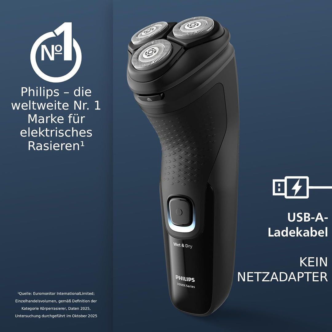 Philips Shaver Series 3000X – Elektrischer Nass- und Trockenrasierer für Männer in Schwarz, mit Skin
