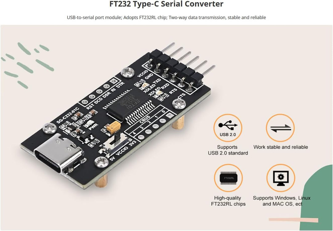 FT232RL USB-C to Serial Converter - USB 2.0 Type-C Adapter with Driver-Free Plug & Play, TTL 3.3V/5V