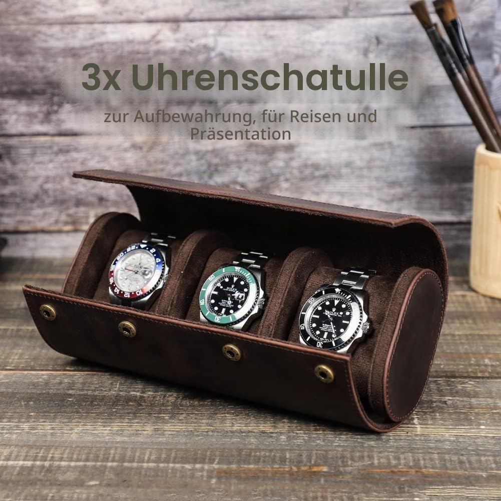 Hiram Uhrenkoffer aus echtem Leder für 3 Uhren, handgefertigt, aus echtem Leder, Reise-Uhrengehäuse,
