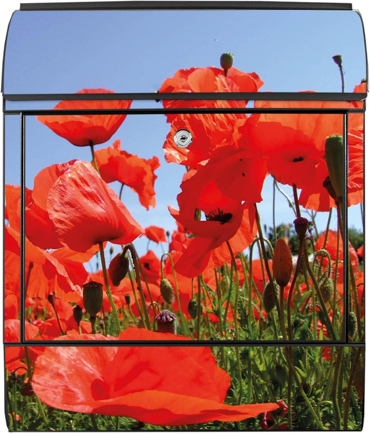 banjado® Design Briefkasten mit Motiv Mohnblumen 39x47x14cm &amp; 2 Schlüssel - Briefkasten Stahl schwar