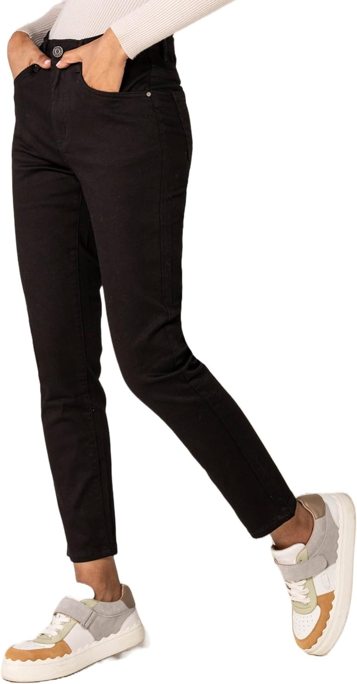 P210 Damen Mom Jeans High Waist Jeanshosen Used-Look Stretchjeans, XS Schwarz (P210-1)