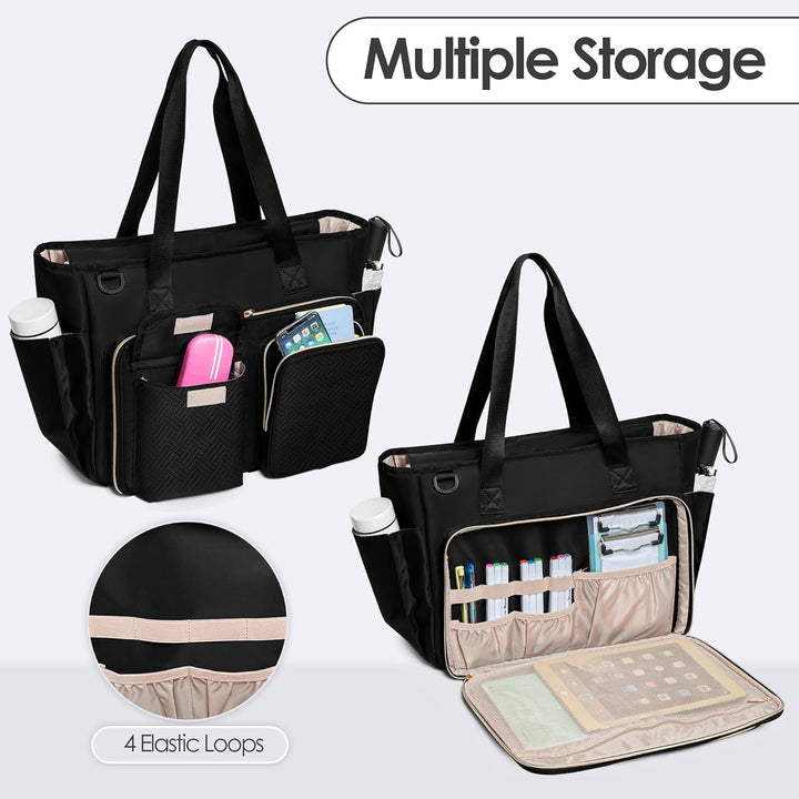 Fasrom Lehrertasche mit Laptopfach, Lehrer Arbeitstasche für Frauen, Schwarz, Schwarz