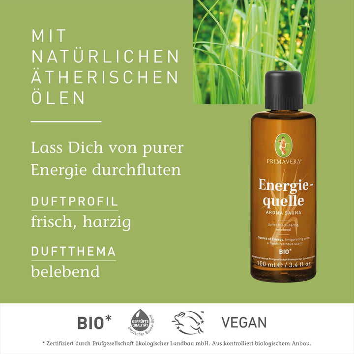 PRIMAVERA Energiequelle Aroma Sauna bio 100 ml – Saunaöl, Aromatherapie – frisch-harziger Duft – bel