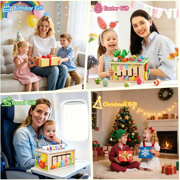 LZDMY Montessori Spielzeug Baby ab 6 Monate, 6-in-1 Tücherbox mit Knistertuch, Motorikwürfel Holzspi