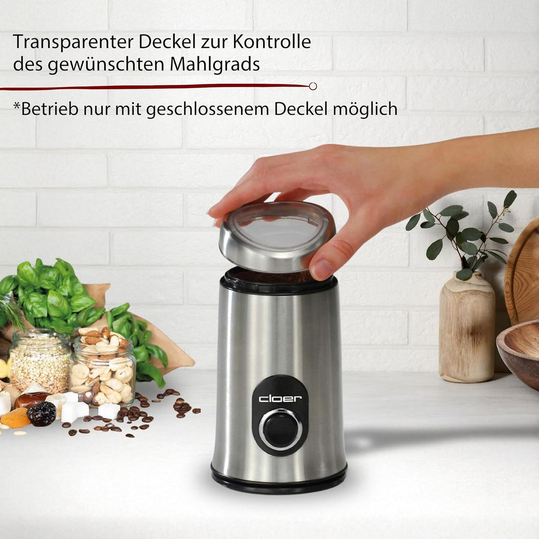 Cloer 7579 Elektrische Kaffeemühle, 150 W, für bis zu 50 g Kaffeebohnen, mattiertes Edelstahlgehäuse