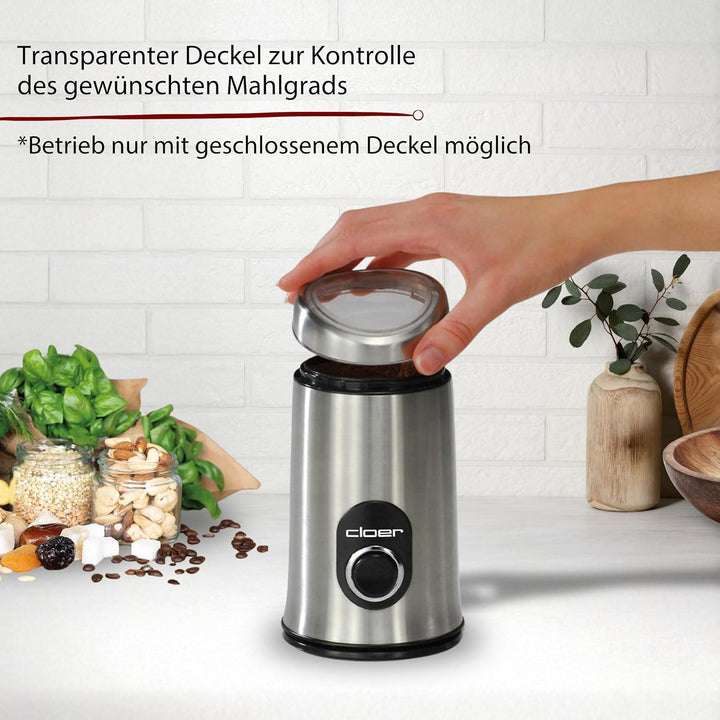 Cloer 7579 Elektrische Kaffeemühle, 150 W, für bis zu 50 g Kaffeebohnen, mattiertes Edelstahlgehäuse