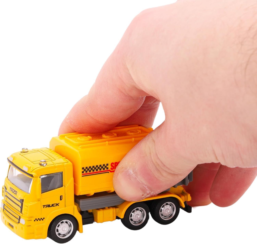 Toyland® Packung mit 4 Miniatur-Baufahrzeugen – Betonmischer, Sprinkler, Bagger und Planierraupe – K