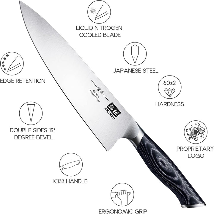 SHAN ZU Kochmesser Küchemesser 20CM Extra Scharfe Profi Messer aus Hochwertigem Carbon Edelstahl Che