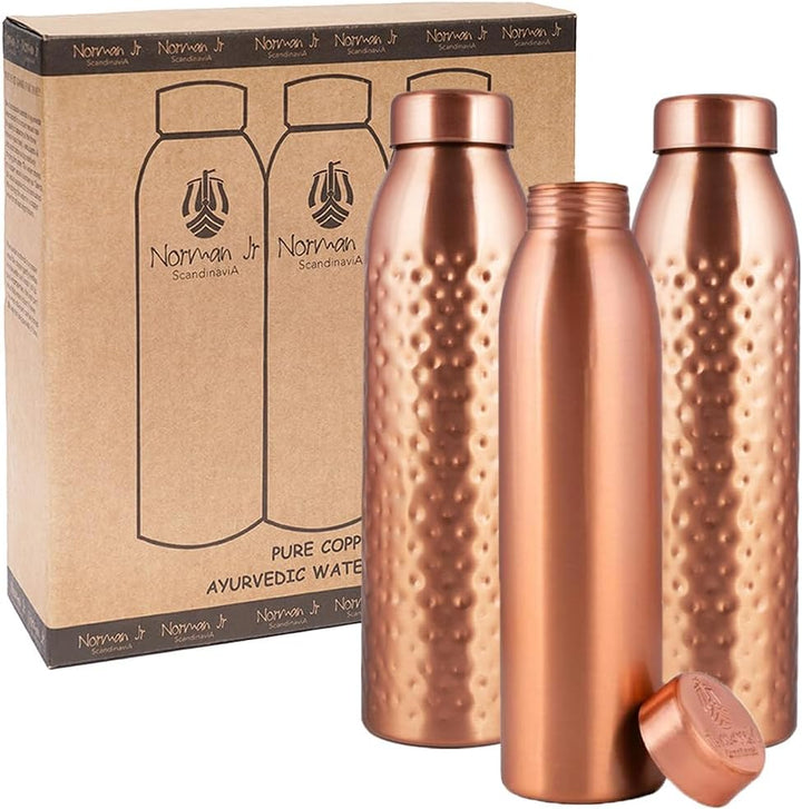 NORMAN JR Kupfer-Wasserflasche 1L– Geschenkbox mit 3 Stück, Schlicht 1, Gehämmert 2, ein ayurvedisch