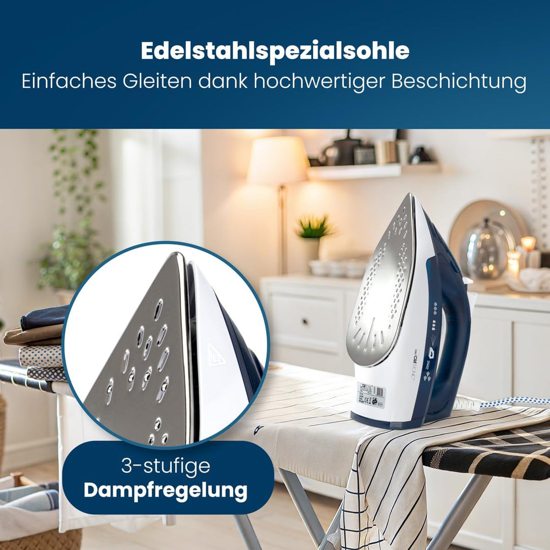 Clatronic DB 3704 Dampfbügeleisen mit 7 Funktionen, Edelstahlspezialsohle, stufenlose Temperaturregu