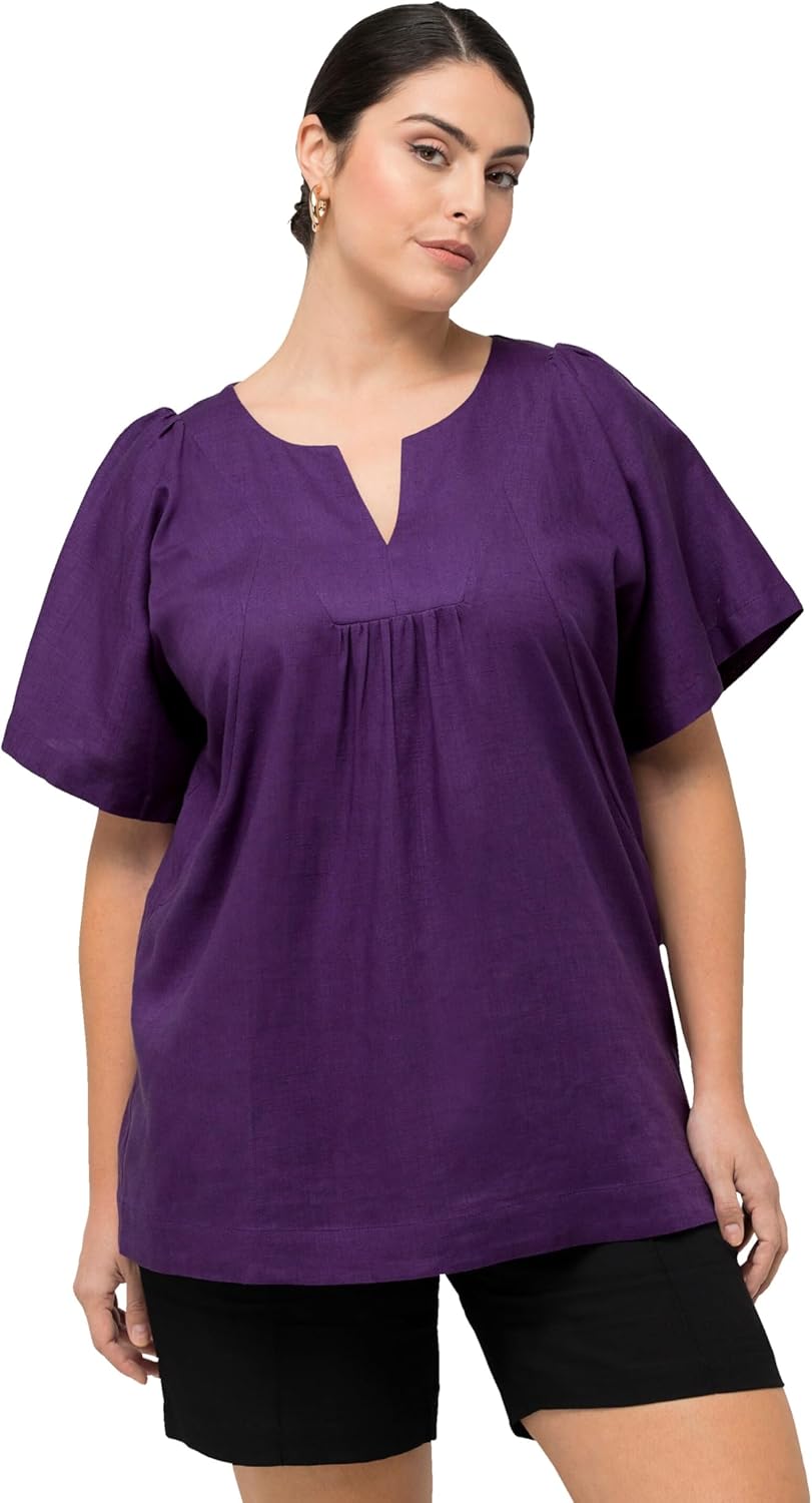 Ulla Popken Damen, Leinenmix, A-Linie, Tunika-Ausschnitt, Halbarm Bluse 46-48 Lila, 46-48 Lila
