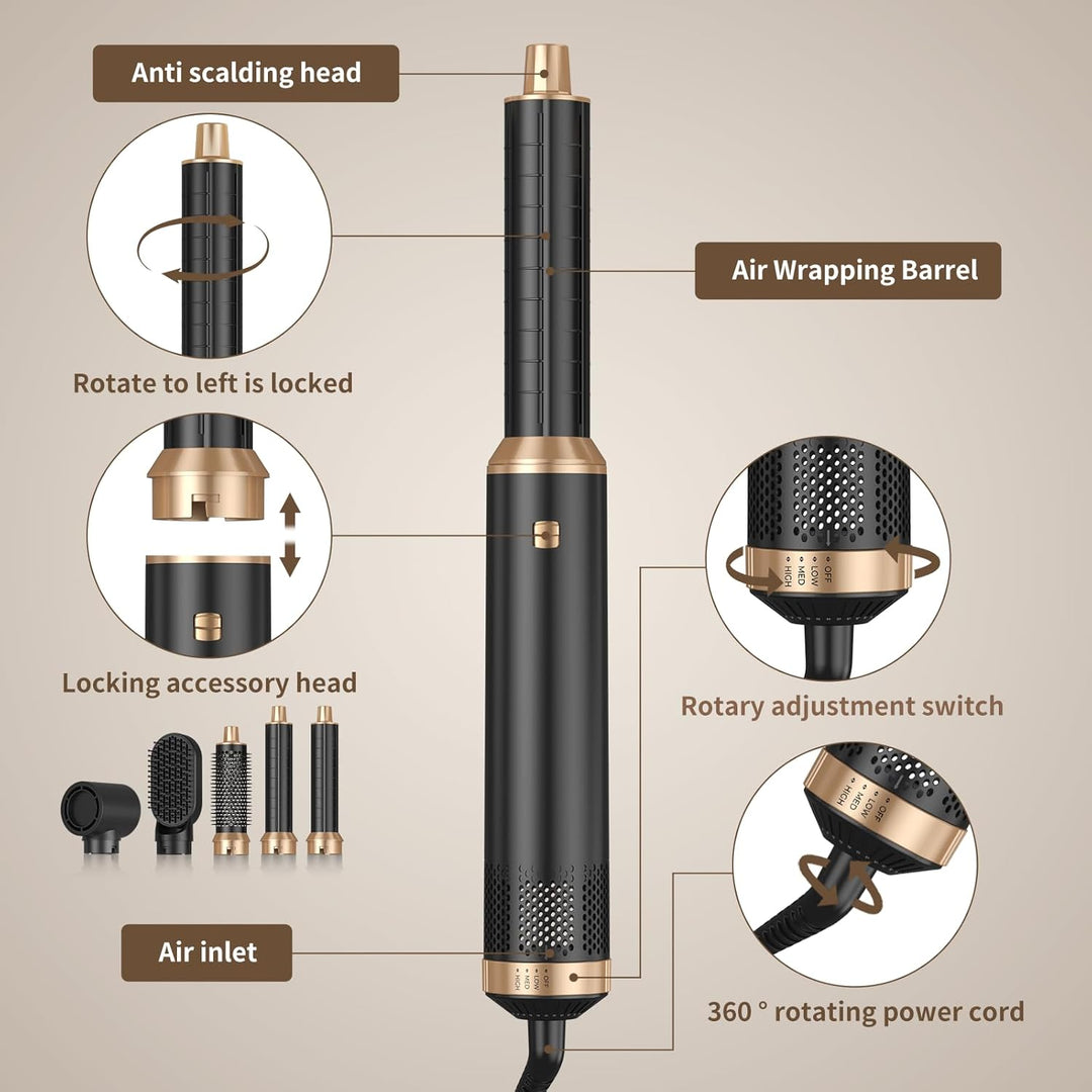 Hairstyler 5 in 1 Airbrush Haarstyler | Pro Air Styler Set - 1000W Rundbürstenföhn, Air Curler, Warm