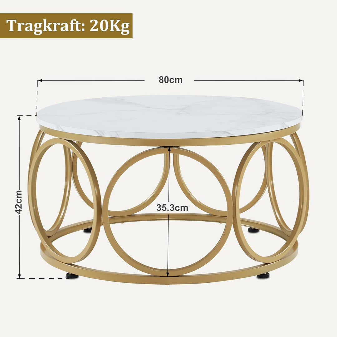 M MCombo Couchtisch Rund Holz, Modern Sofatisch Marmor Weiss Gold, Klein Kaffeetisch Metallgestell,