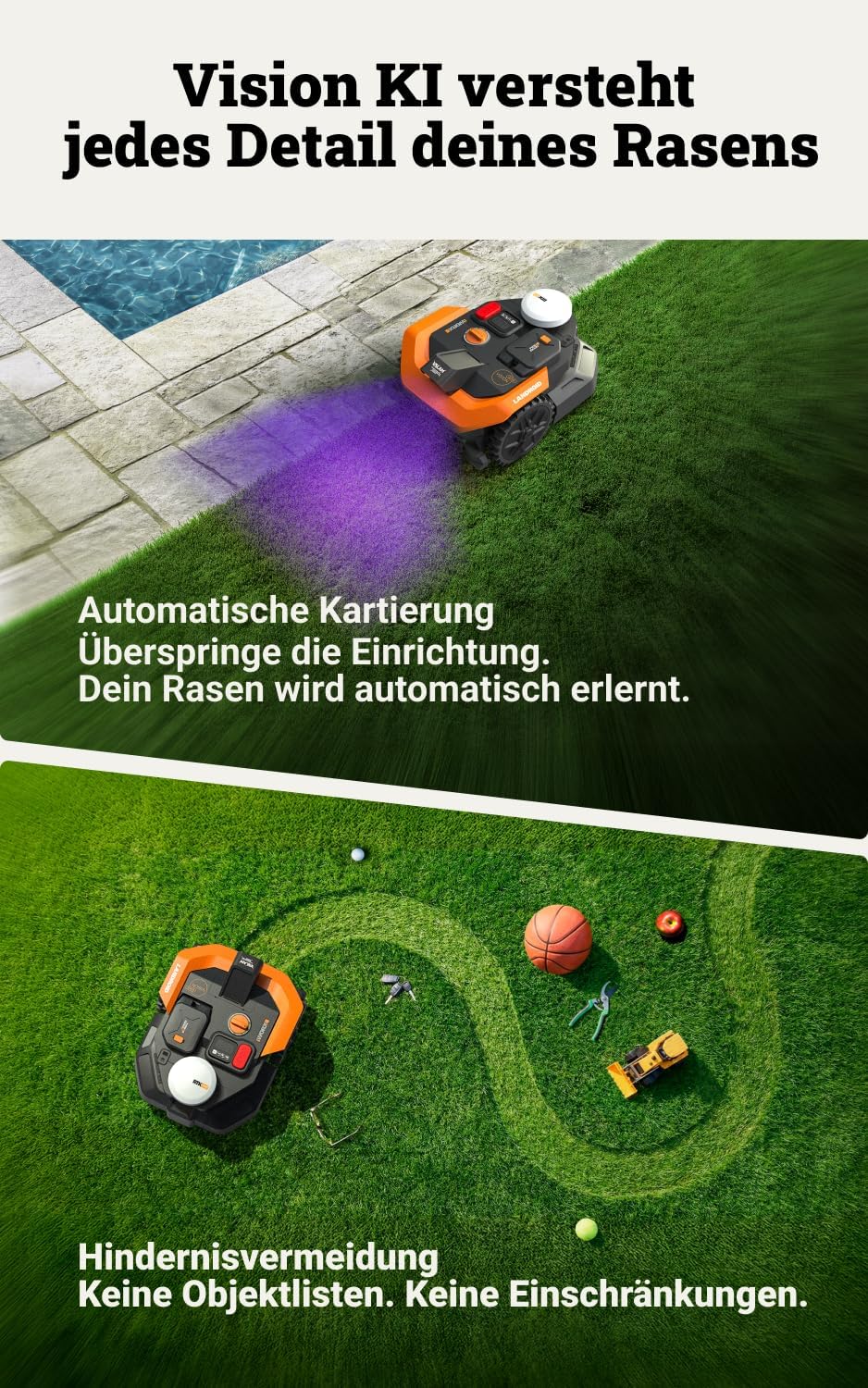 WORX Landroid Vision Cloud WR305E 2WD Mähroboter ohne Begrenzungskabel für 500 m² (KI-Hinderniserken