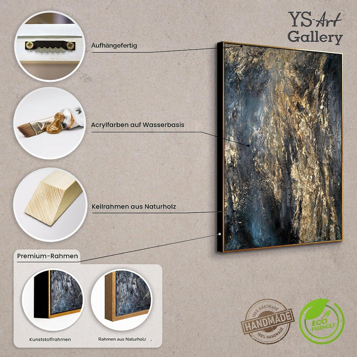 YS-Art XXL Abstrakt Acryl Gemälde auf Leinwand mit Rahmen Azurblau handgemalte Wandbilder Wohnzimmer
