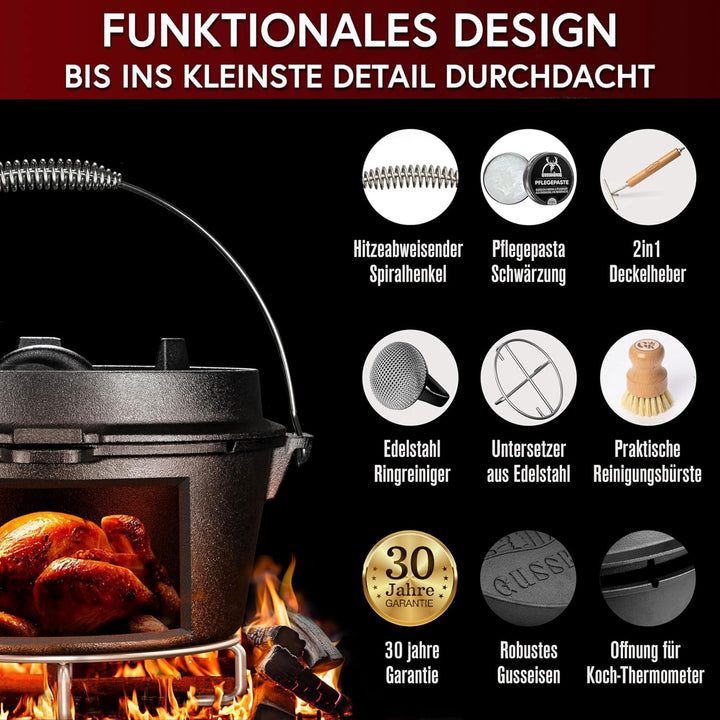 Dutch Oven Set–Eingebrannter Dutch Oven 7L–Feuertopf Gusseisen ohne Füss–Schmortopf Doppelfunktion-2