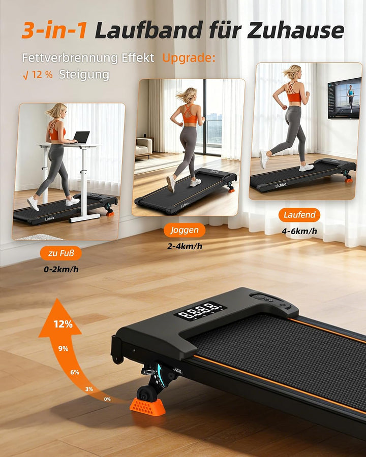 Lichico 3-in-1 Walking Pad mit 0-9% Steigung, Laufband für Zuhause Klein, platzsparendes Heimtrainin