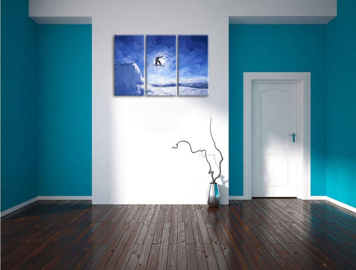 Pixxprint Snowboard Sprung, Extremsport Pinsel Effekt 3-Teiler Leinwandbild 120x80 Bild auf Leinwand