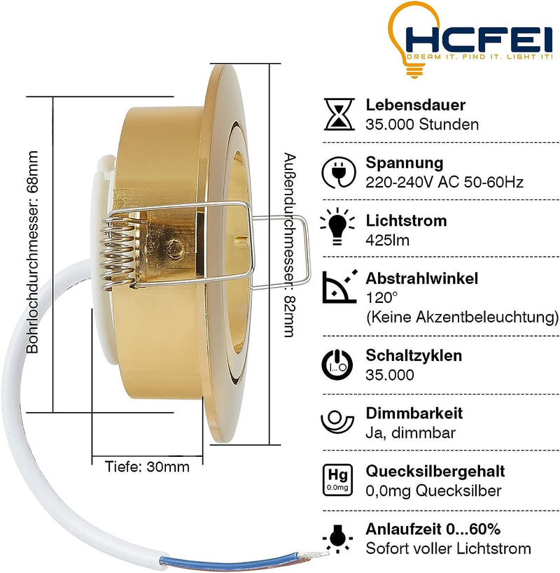 HCFEI LED Einbaustrahler dimmbar Gold farbig Rund Schwenkbar 5W flach 230V Einbau-Spot Strahler Einb