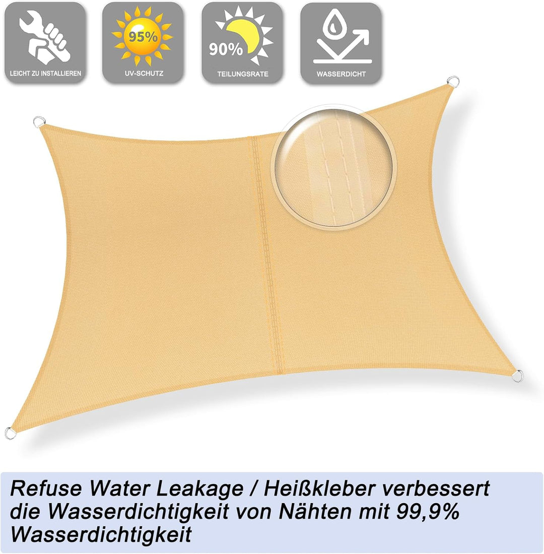 Sunnylaxx 3x3m Sonnensegel Quadrat, Wasserdicht Sonnenschutz Sunsegel Color Sand, 95% UV-Schutz,für