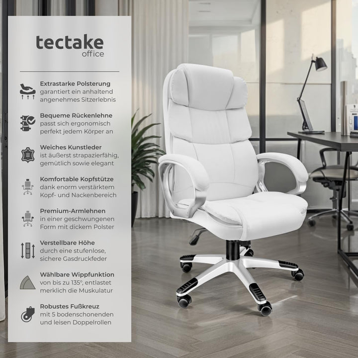 tectake® Chefsessel, Bürostuhl mit 12 cm Polsterung, Schreibtischstuhl mit Armlehnen & Wippfunktion,