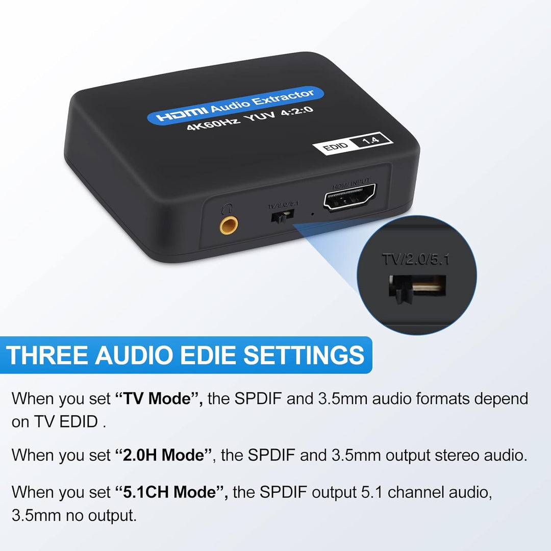 HDMI Audio Extractor, 4K@60Hz HDMI to HDMI + Optical Toslink SPDIF + 3.5mm Audio Output, HDMI Audio