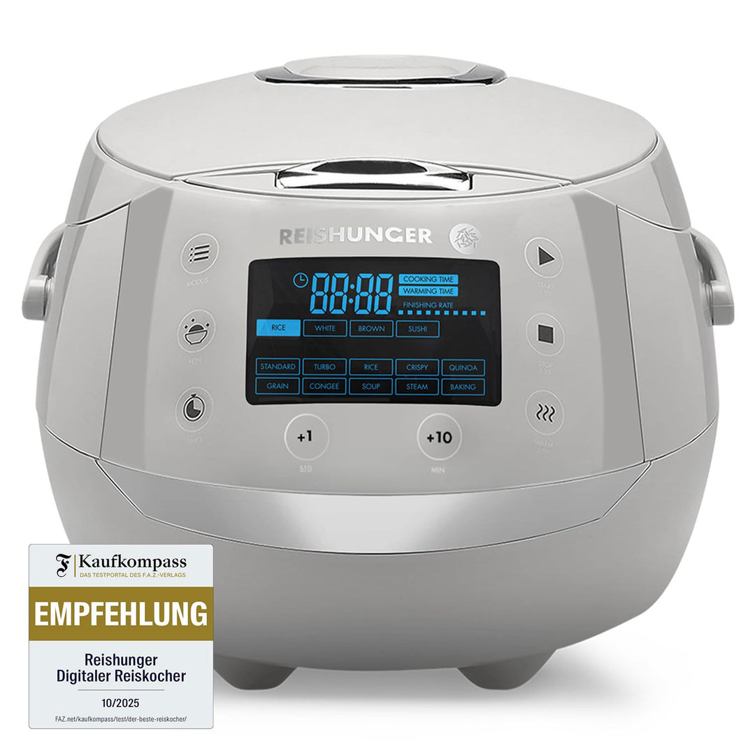 Reishunger Digitaler Reiskocher & Dampfgarer Grau + Gratis Kochbuch – Warmhaltefunktion, Timer & Pre