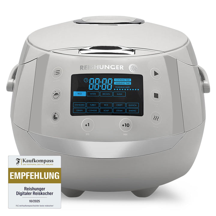 Reishunger Digitaler Reiskocher & Dampfgarer Grau + Gratis Kochbuch – Warmhaltefunktion, Timer & Pre