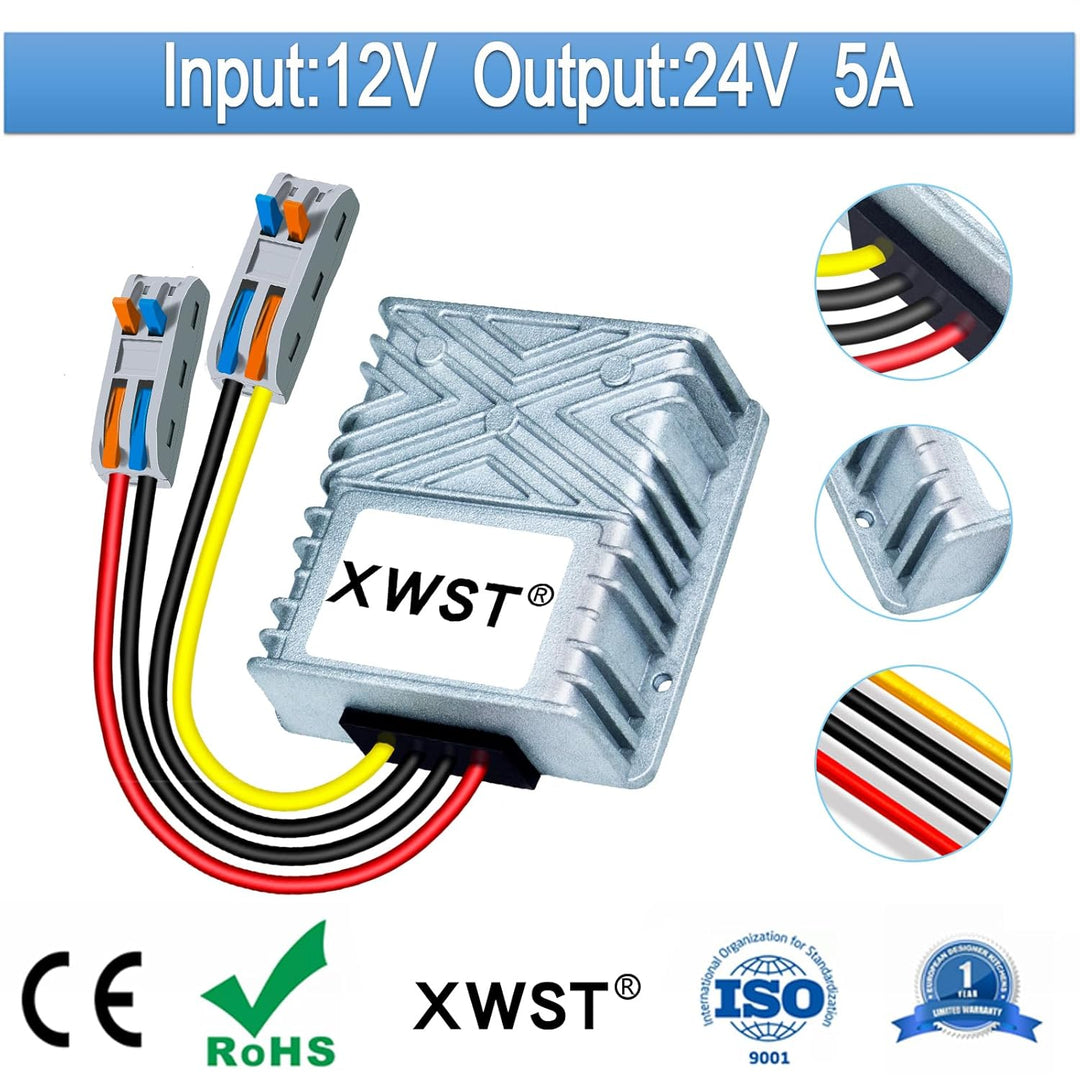 DC DC Wandler 12V auf 24V Spannungswandler 5A 120W mit Schnellverbinder Kabelverbinder, DC Step Up K
