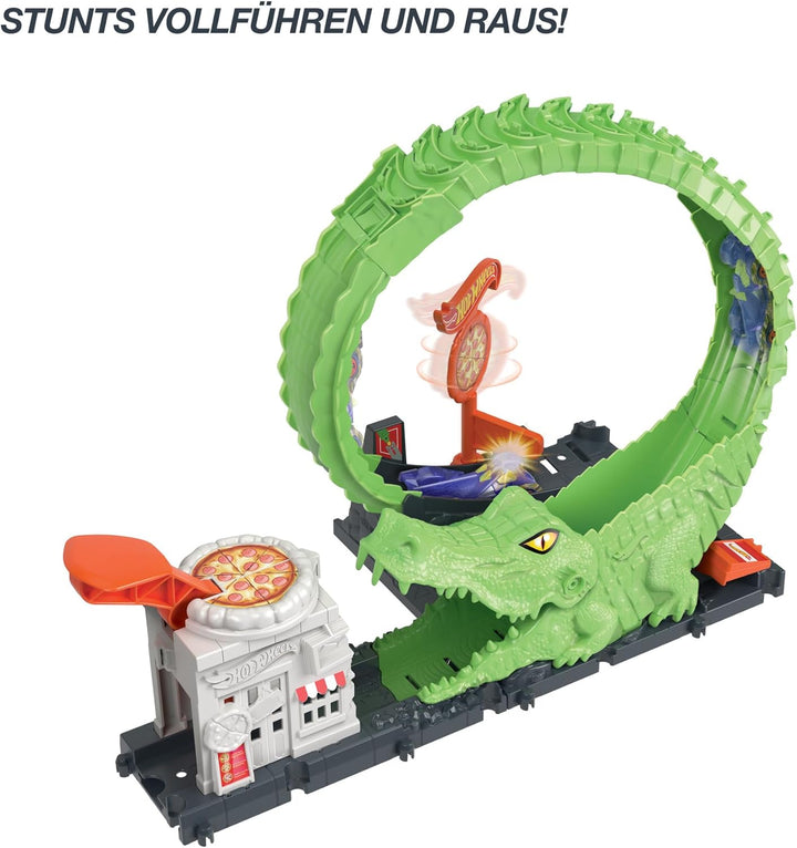 Hot Wheels Spielset Krokodilangriff - Rennbahn, Looping, Spirale, Verstellbarer Schwanz, Pizzeria-De