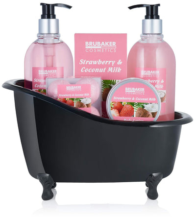 BRUBAKER Cosmetics Bade-Geschenkset Erdbeer Kokosnuss mit Deko Badewanne Schwarz 9-teilig Erdbeer &