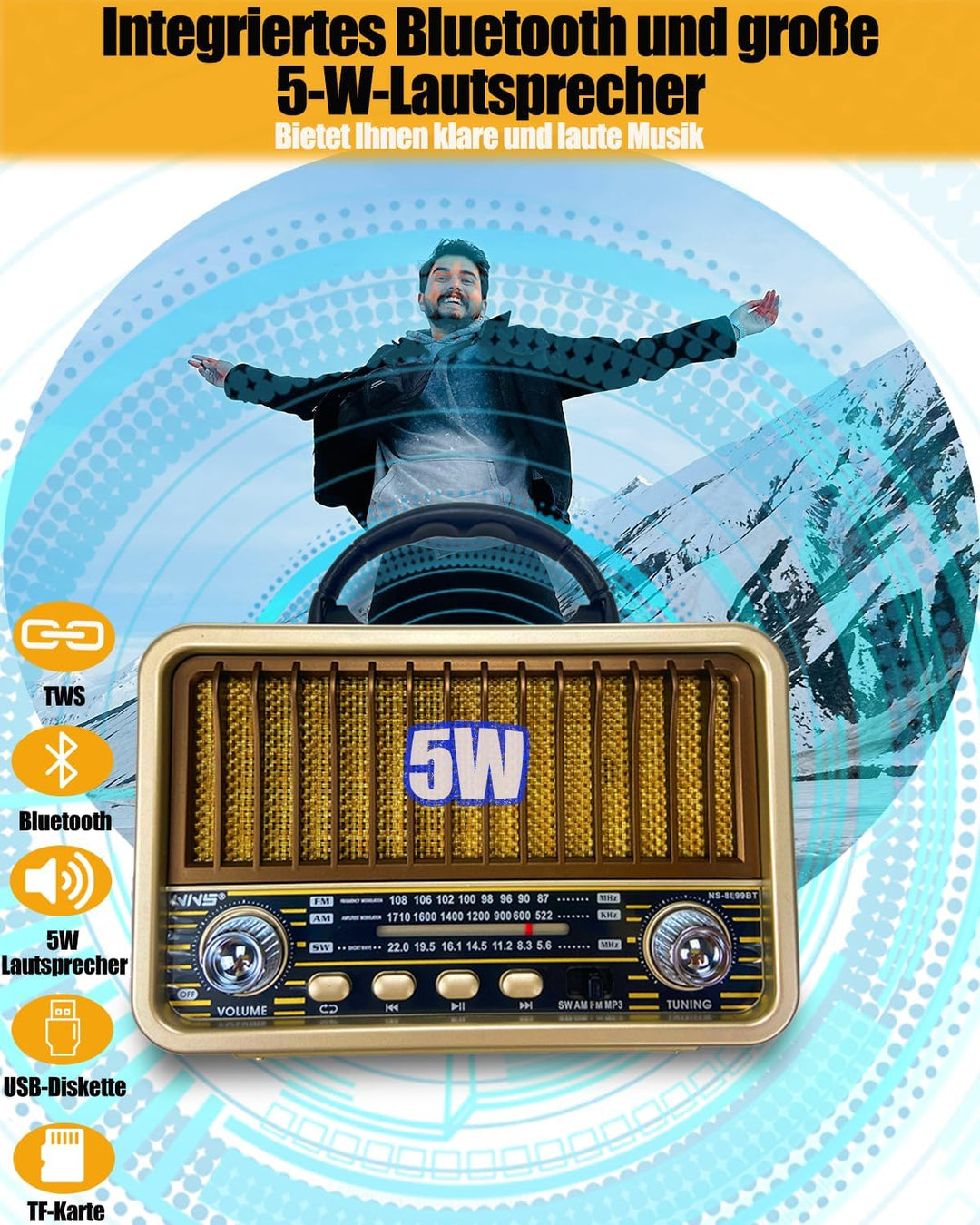 Retro Radio mit Bluetooth, AM/SW/FM Tragbares Radio Klein, UKW Radio Batteriebetrieben Unterstützung