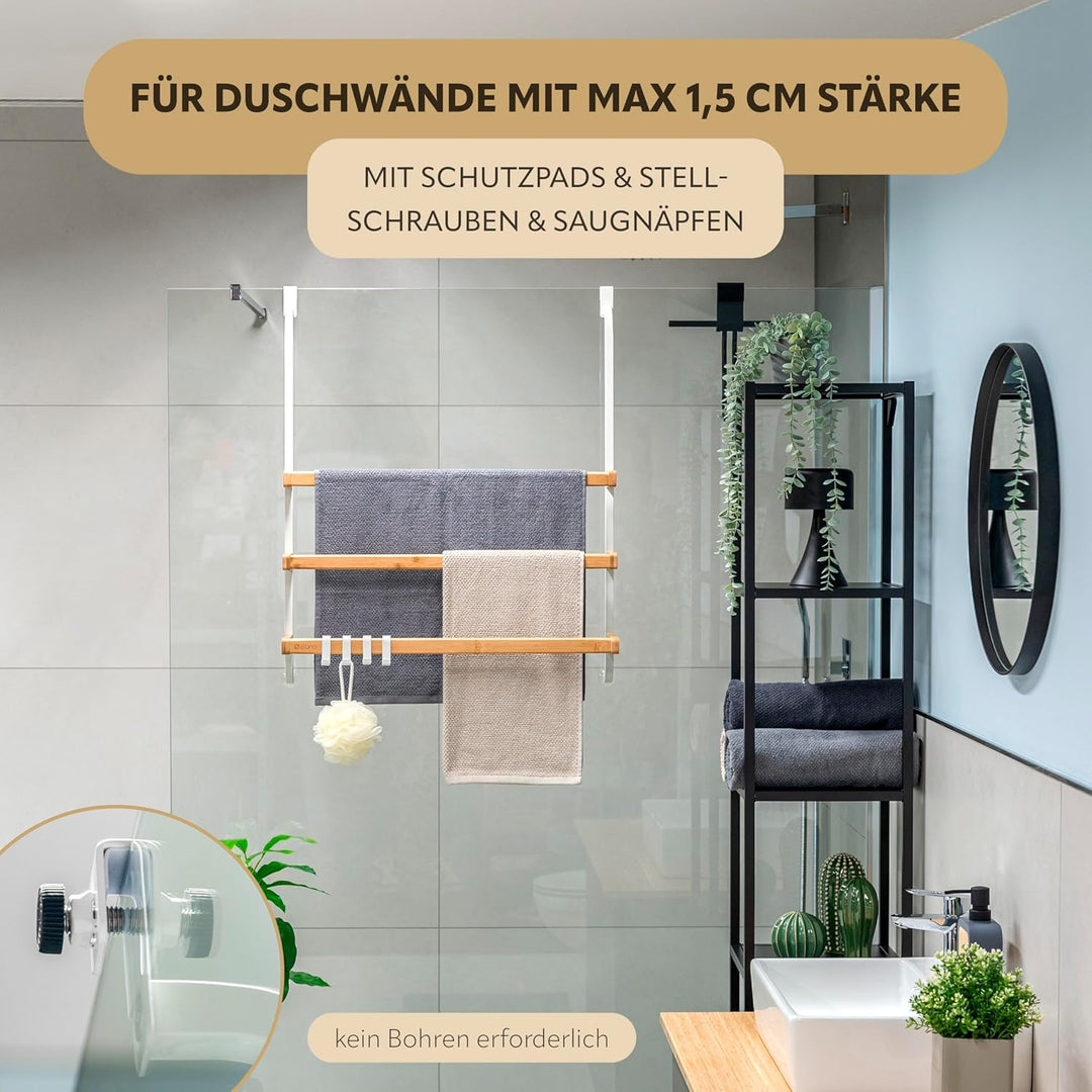eluno Handtuchhalter für die Glasduschwand aus Metall und Bambus, Handtuchhalter mit 3 Handtuchstang