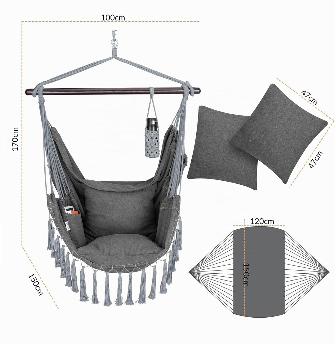 DETEX® Hängesessel bis 150kg Belastbar mit Flaschenhalter Boho Stil Wetterfest Garten 360° Drehbar A